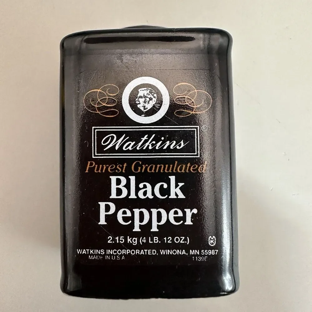 Vintage Watkins Vanilla Bottle Black Pepper Tin Ceramic Salt Pepper Shakers Set